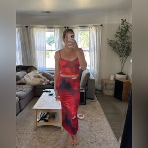 White Fox Boutique Red and Black Skirt Set